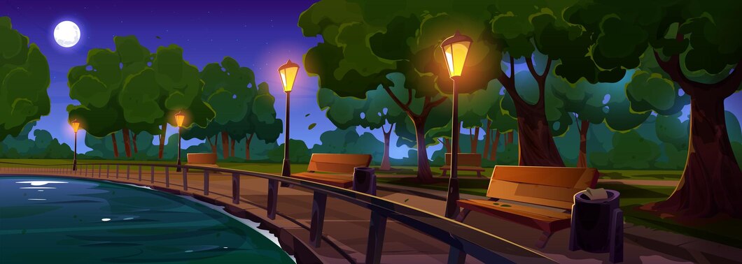riverside-night-park-with-benches-light-posts