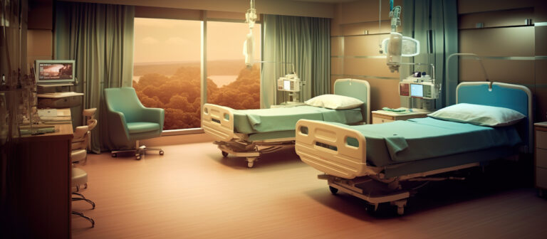 Hospital recovery room with beds and chairs