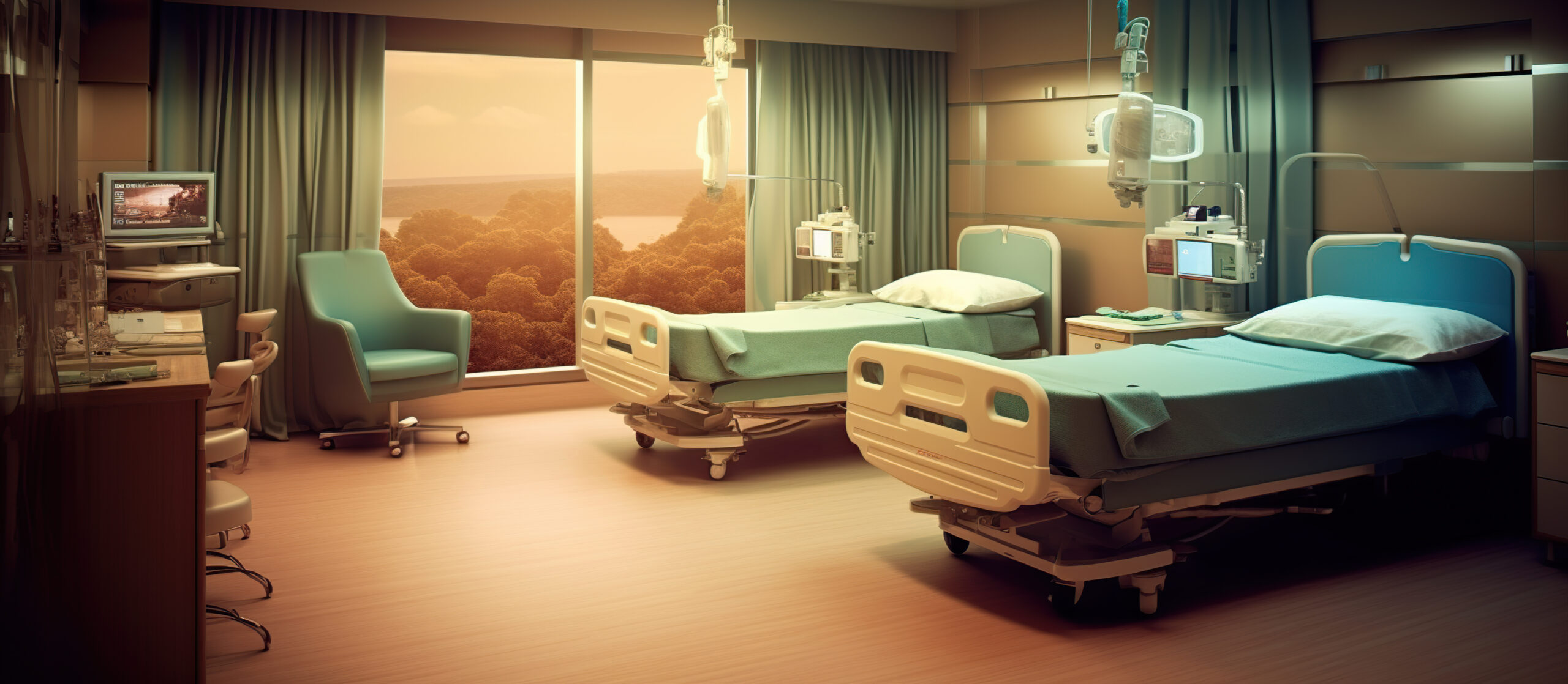 Hospital recovery room with beds and chairs