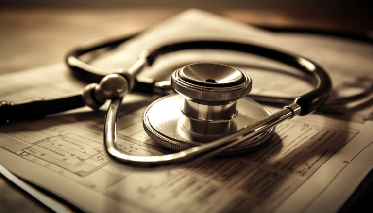 Medical instrument on paperwork, focus foreground, close up generated by AI