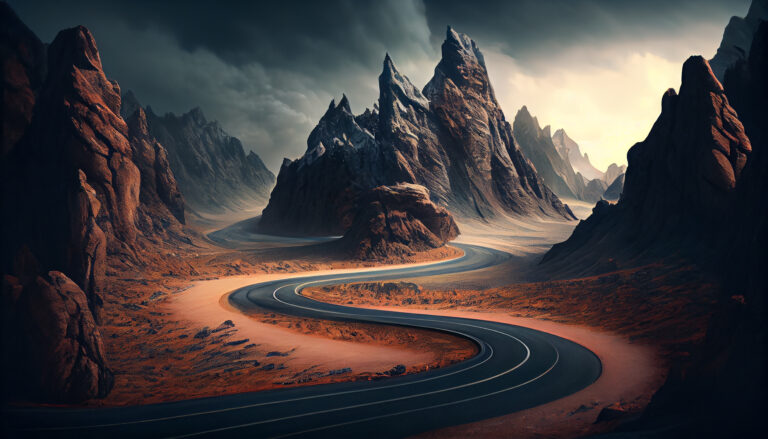 Mountain landscape at dusk asphalt curves ahead adventurous drive ,generative AI