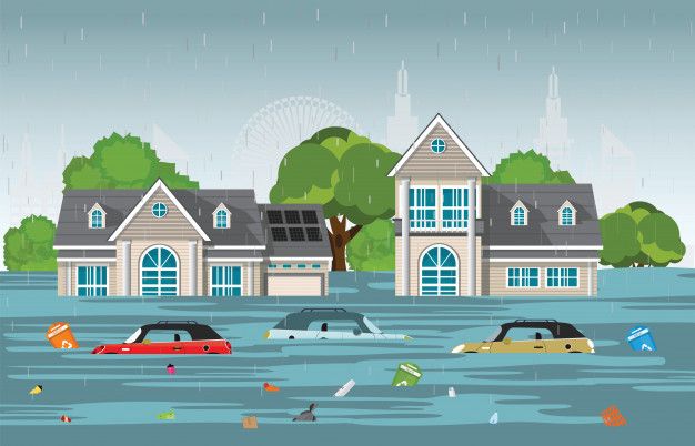 Heavy rain drops and city flood in modern village_ _ Premium Vector (1)