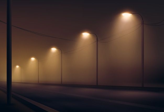 Illustration einer leeren Straße, die von Laternen im Nebel der Nacht beleuchtet wird_ Straßenbeleuchtung in warmen Farben _ Premium Vektor