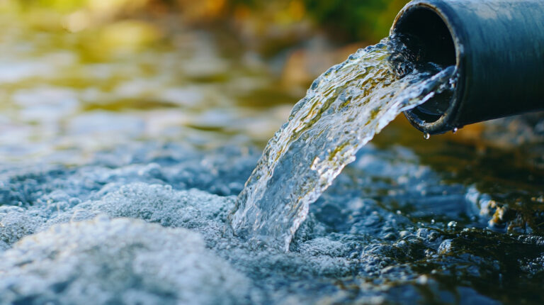 Water flows from pipe, creating ripples and bubbles in the water. The scene evokes themes of water management and environmental impact