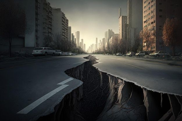Broken road separating into two parts by an earthquake in a city ai generative _ AI-generated image