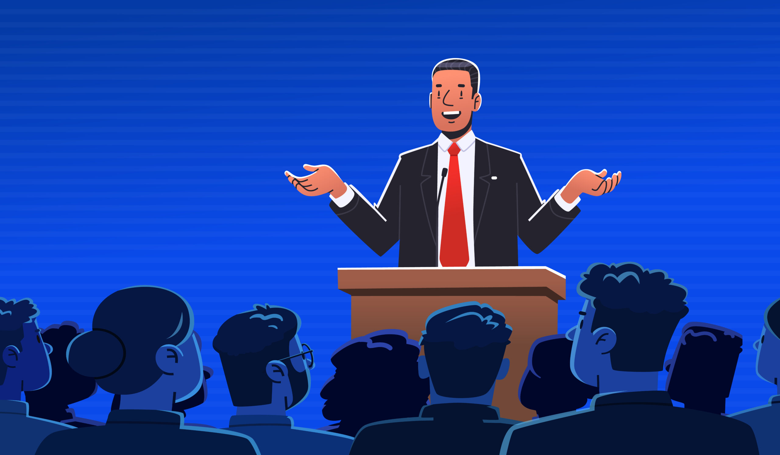 Speech by a politician or businessman at the podium in front of an audience. Speaker