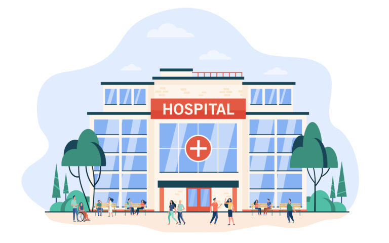 People walking and sitting at hospital building
