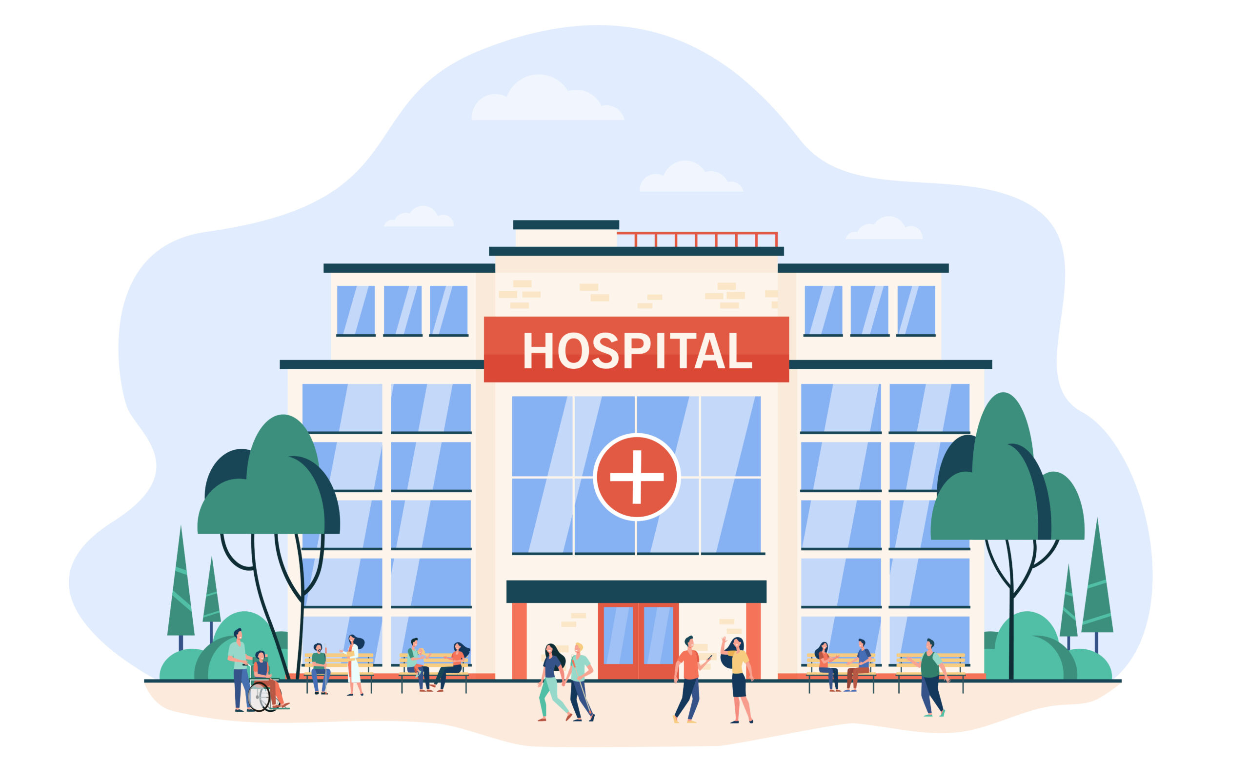 People walking and sitting at hospital building